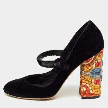 Pre Owned Dolce & Gabbana Black Velvet Crystal Embellished Printed Block Heel Mary Jane Pumps Size 40