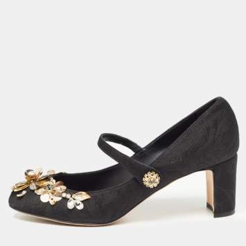Pre Owned Dolce & Gabbana Black Brocade Fabric Embellished Mary Jane Pumps Size 39
