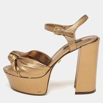 Pre Owned Dolce & Gabbana Metallic Knotted Leather Platform Ankle Strap Sandals Size 37