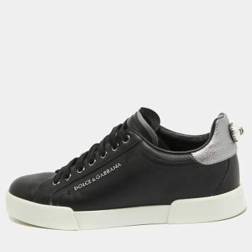 Pre Owned Dolce & Gabbana Black Leather DG Pearl Portofino Sneakers Size 39
