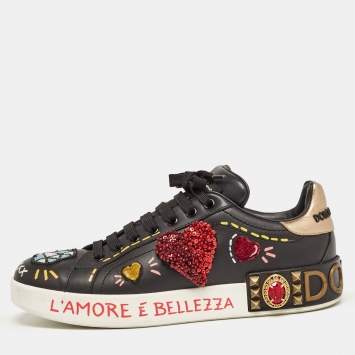 Pre Owned Dolce & Gabbana Black Leather Portofino Embellished Low Top Sneakers Size 39