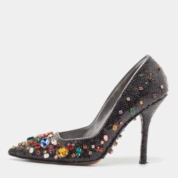 Pre Owned Dolce & Gabbana Black Sequins and Leather Trim Crystal Embellished Pumps Size 37