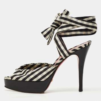 Pre Owned Dolce & Gabbana Black/White Plaid Fabric Platform Ankle Tie Sandals Size 38