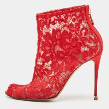 Pre Owned Dolce & Gabbana Red Lace and Mesh Peep Toe Ankle Boots Size 36