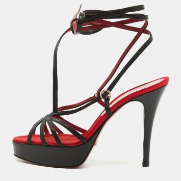Pre Owned Dolce & Gabbana Red/Black Leather Lace Up Sandals Size 38