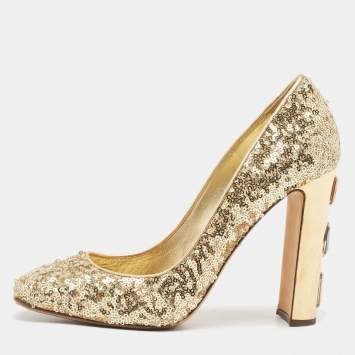 Pre Owned Dolce & Gabbana Gold Sequins Studded Heel Square Toe Pumps Size 38.5
