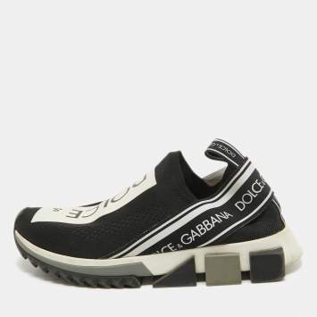 Pre Owned Dolce & Gabbana Black/White Knit Fabric Sorrento Sneakers Size 38.5