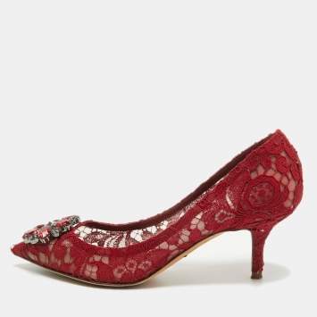 Pre Owned Dolce & Gabbana Dark Red Lace Bellucci Pumps Size 38.5
