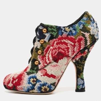 Pre Owned Dolce & Gabbana Multicolor Printed Cotton Blend Fabric Ankle Booties Size 38