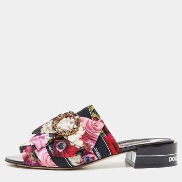 Pre Owned Dolce & Gabbana Multicolor Floral Print Fabric Embellished Slide Sandals Size 39