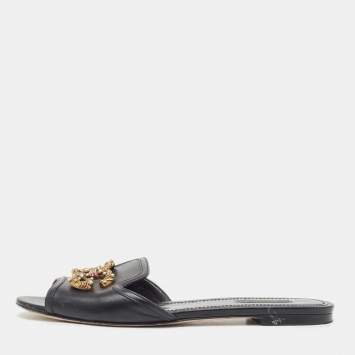 Pre Owned Dolce & Gabbana Black Leather  DG Amore Flat Slides Size 39