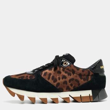 Pre Owned Dolce & Gabbana Black/Brown Suede and Leopard Print Fabric Low Top Sneakers Size 40