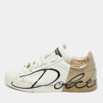 Pre Owned Dolce & Gabbana White/Gold Leather and Patent Logo Print Portofino Sneakers Size 38.5