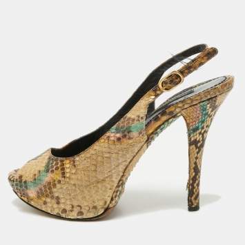Pre Owned Dolce & Gabbana Beige/Brown Python Leather Slingback  Pumps Size 35.5