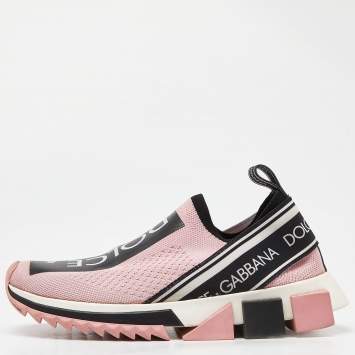 Pre Owned Dolce & Gabbana Pink/Black Knit Fabric Sorrento Slip-On Sneakers Size 36.5