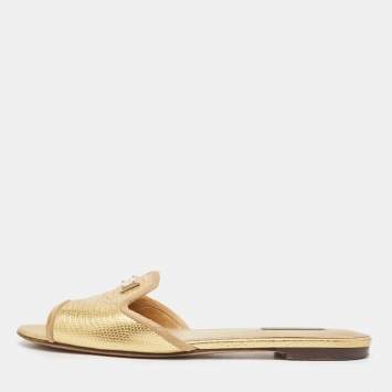 Pre Owned Dolce & Gabbana Metallic Gold Lizard Embossed Leather Flat Slides Size 37.5
