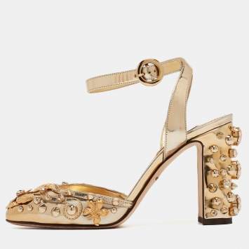 Pre Owned Dolce & Gabbana Gold Foil Leather Embellished Block Heel Ankle Strap Sandals Size 38