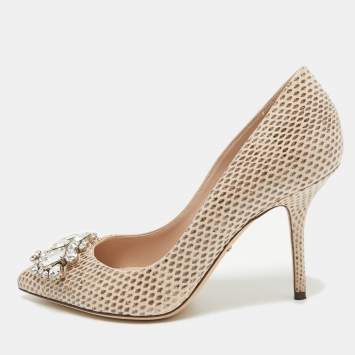 Pre Owned Dolce & Gabbana Beige Water Snake Crystal Embellished Pumps Size 37