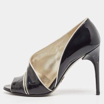 Pre Owned Dolce & Gabbana Black/Silver Patent and Leather Cut Out Peep Toe Pumps Size 37.5