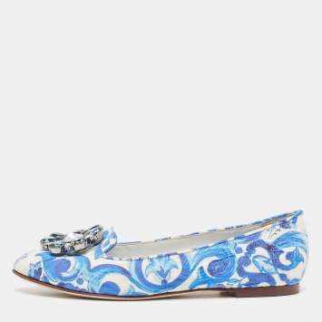 Pre Owned Dolce & Gabbana White/Blue Printed Fabric Taormina Ballet Flats Size 36