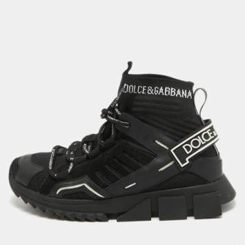 Pre Owned Dolce & Gabbana Black Knit Fabric and Suede Sorrento High Top Sneakers Size 42.5