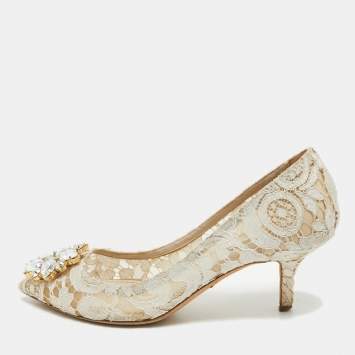 Pre Owned Dolce & Gabbana White Mesh and Lace Bellucci Pumps Size 36