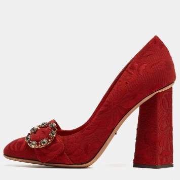 Pre Owned Dolce & Gabbana Red Brocade Fabric  Block Heel Pumps Size 40