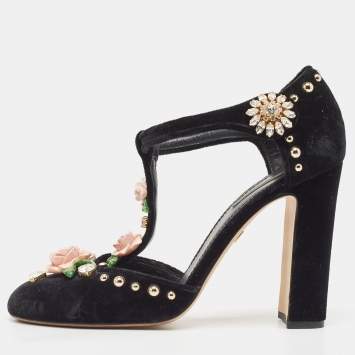 Pre Owned Dolce & Gabbana Black Velvet Studded and Rose Embellished Vally Pumps Size 40