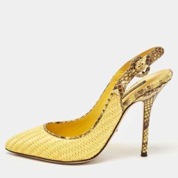 Pre Owned Dolce & Gabbana Yellow/Brown Woven Raffia and Python Slingback Pumps Size 37
