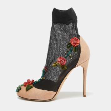 Pre Owned Dolce & Gabbana Beige/Black Brocade Fabric And Lace Sock Pumps Size 36