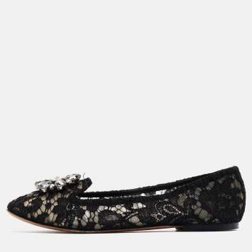 Pre Owned Dolce & Gabbana Black Lace Crystal Embellished Taormina Ballet Flats Size 40