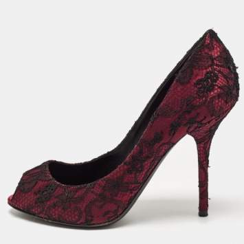 Pre Owned Dolce & Gabbana Burgundy/Black Lace and Mesh Peep Toe Pumps Size 38