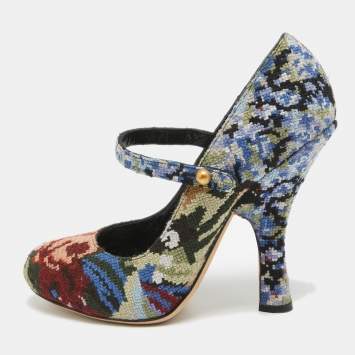 Pre Owned Dolce & Gabbana Multicolor Knit Fabric Floral Print Block Heel Pumps Size 38