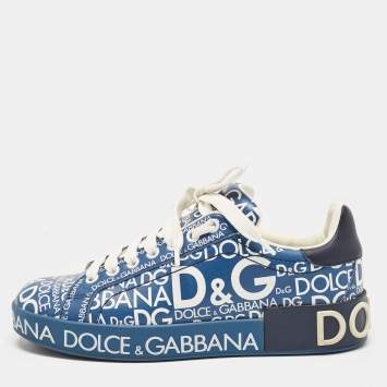 Pre Owned Dolce & Gabbana Blue Leather Logo Print Portofino Sneakers Size 37