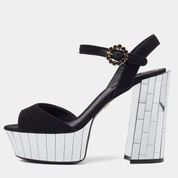 Pre Owned Dolce & Gabbana Black Fabric Mirror Belluci Platform Sandals Size 38.5