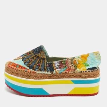 Pre Owned Dolce & Gabbana Multicolor Print Jacquard Platform Espadrilles Size 37