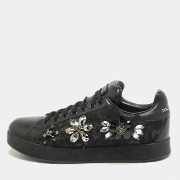 Pre Owned Dolce & Gabbana Black Leather Crystal Embellished Low Top Sneakers Size 39