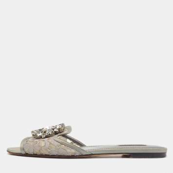 Pre Owned Dolce & Gabbana Grey Lace Bellucci Slide Flats Size 37
