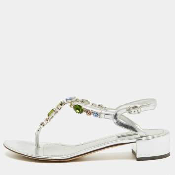 Pre Owned Dolce & Gabbana Silver Leather Crystal Embellished Slingback Sandals Size 40 