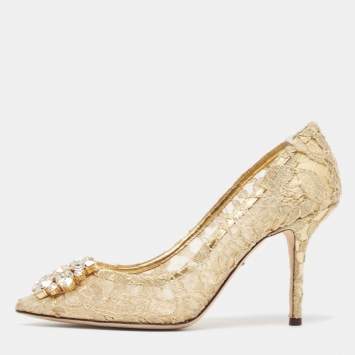 Pre Owned Dolce & Gabbana Gold Lace and Mesh Bellucci Pumps Size 38