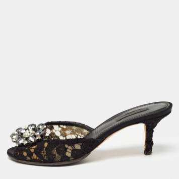 Pre Owned Dolce & Gabbana Black Lace and Mesh Bianca Sandals Size 38