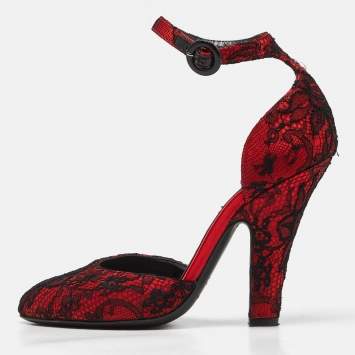 Pre Owned Dolce & Gabbana Red Lace Ankle Strap Sandals Size 37