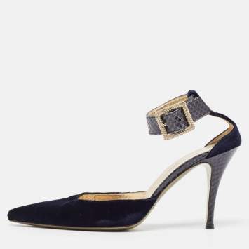 Pre Owned Dolce & Gabbana Navy Blue Velvet And Python Ankle Strap Sandals Size 36