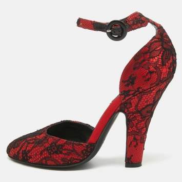 Pre Owned Dolce & Gabbana Red/Black Lace and Mesh Ankle Strap Pumps Size 38