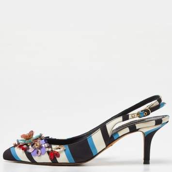 Pre Owned Dolce & Gabbana Multicolor Fabric Crystal Embellished Slingback Pumps Size 38
