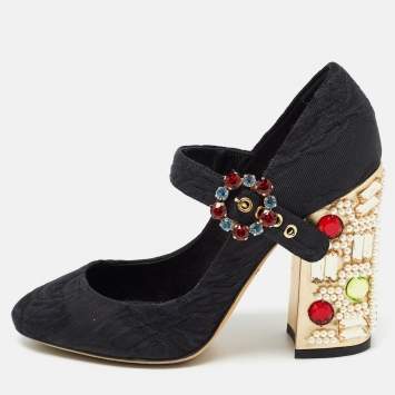 Pre Owned Dolce & Gabbana Black Canvas Crystal Embellished Block Heel Mary Jane Pumps Size 37