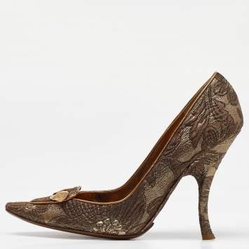 Pre Owned Dolce & Gabbana Brown/Gold Brocade Fabric Pointed Toe  Pumps Size 39.5
