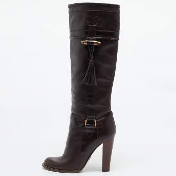 Pre Owned Dolce & Gabbana Brown Leather Knee Length Boots Size 37.5