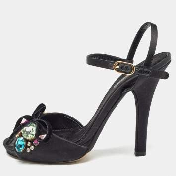Pre Owned Dolce & Gabbana Black Satin Crystal Embellished Ankle Strap Sandals Size 37