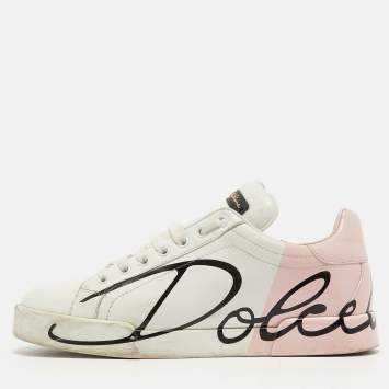 Pre Owned Dolce & Gabbana White/Pink Leather and Patent Portofino Sneakers Size 38